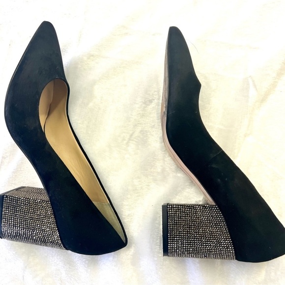 KARL LAGERFELD ADINA Black Suede Rhinestone Block Heels EUC Sz 8.5 - Picture 4 of 5